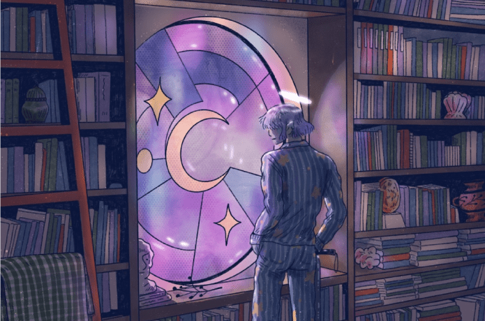 The Moon Prince staring out the window during a winter storm (art by Alexandra Cook)